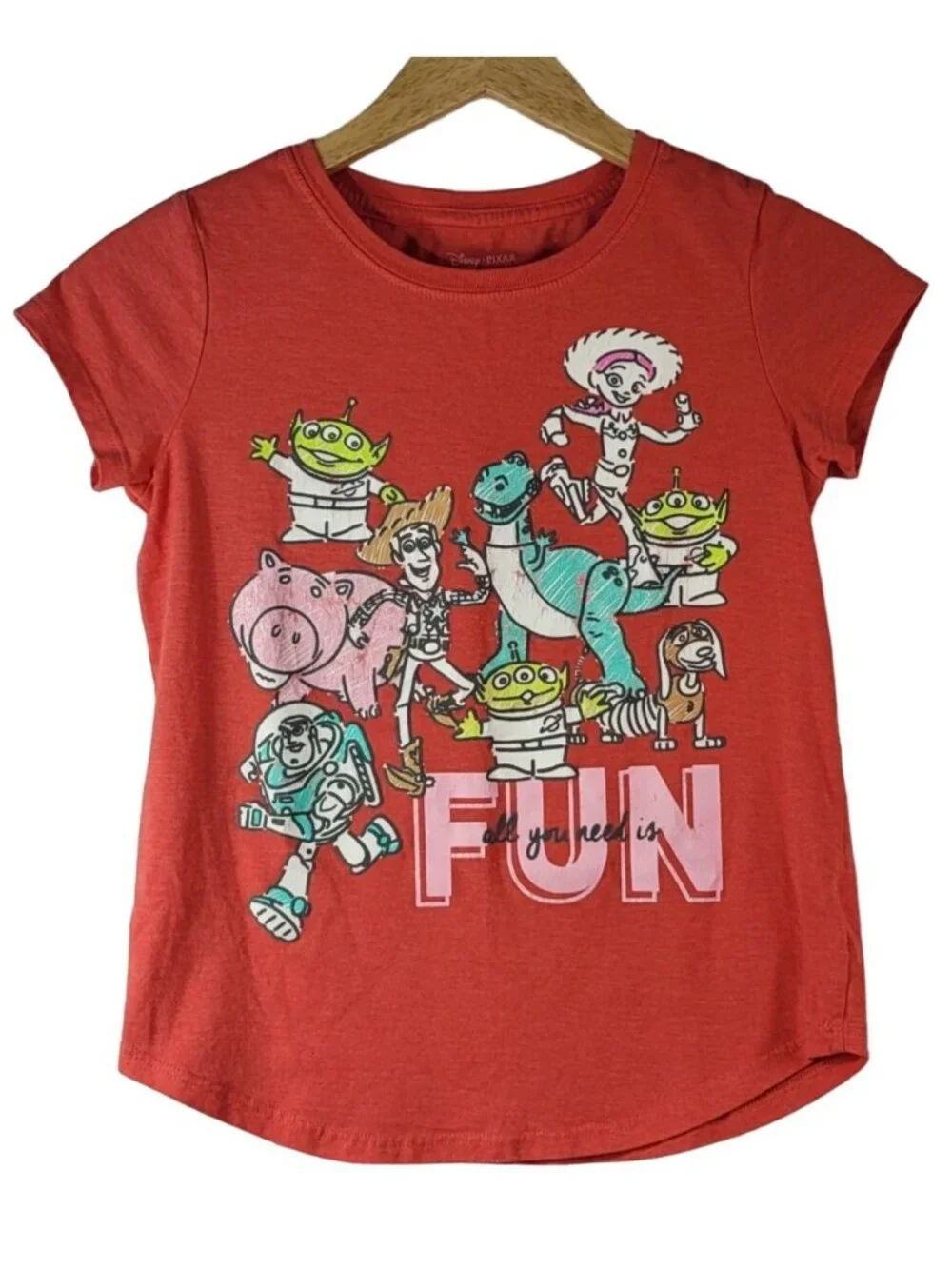 Disney Girls Toy Story Characters T Shirt Orange SZ 10 Large You Need Fun Pixar
